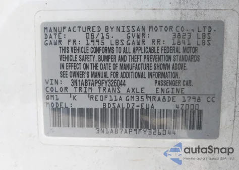 2015 Nissan Sentra Sv из США, поврежденный, VIN 3N1AB7AP9FY326044